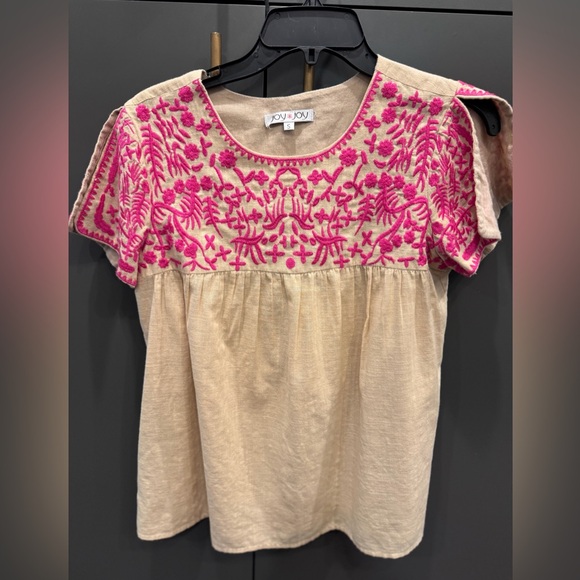 Joy Joy Tops - Joy Joy Embroidered Boho Peasant Top Pink Floral Stitching Size S